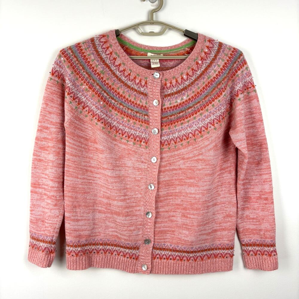 Sundance Pink Fair Isle Cardigan Sweater Large Beading Wool Blend preppy